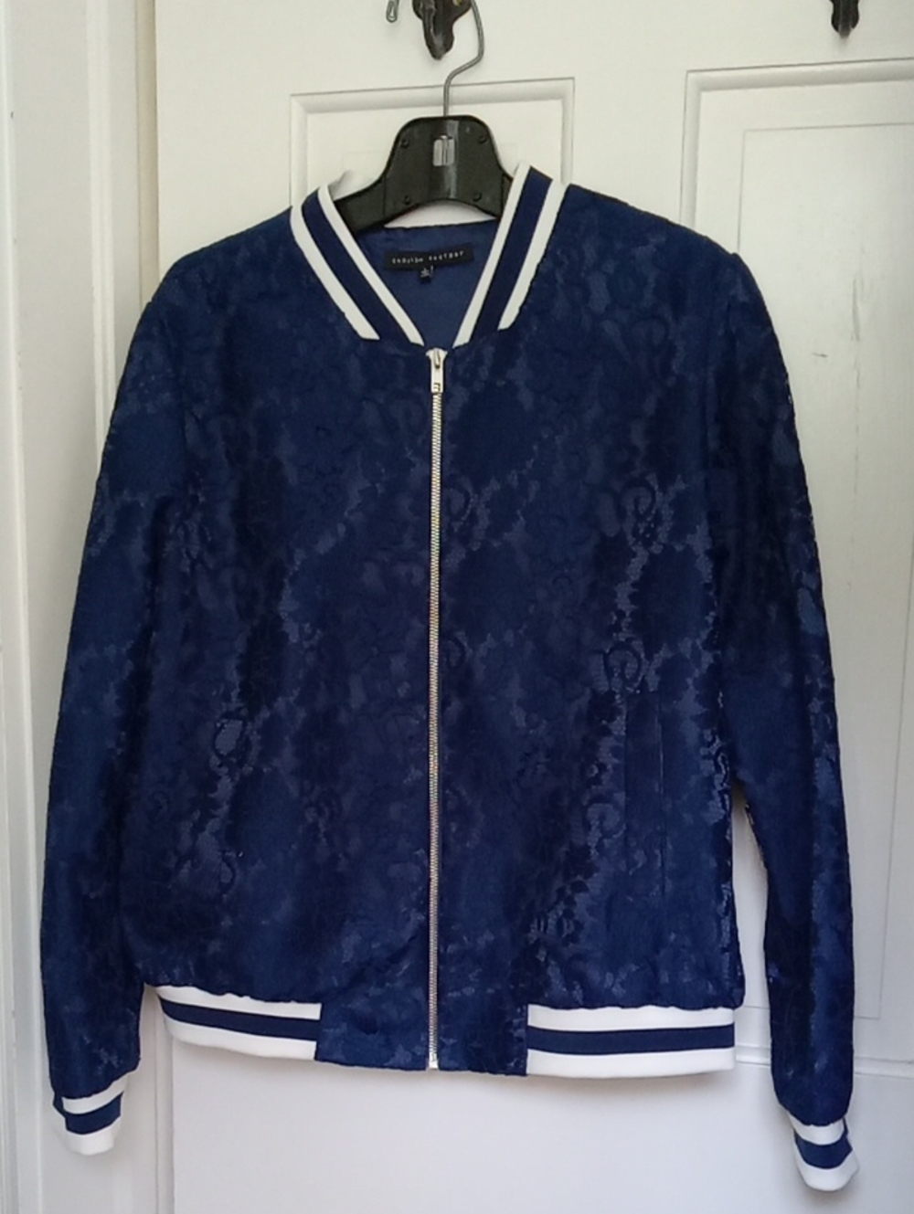 English Factory Royal Blue Floral Lace Bomber Jacket Varsity Striped Trim Large